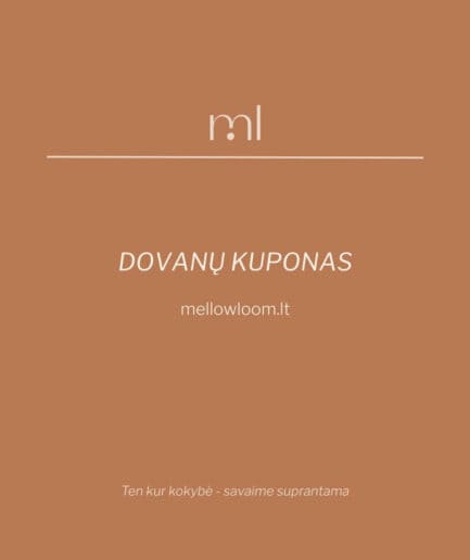 Dovanų kupono nuotrauka su Mellow Loom logotipu ir tekstu.